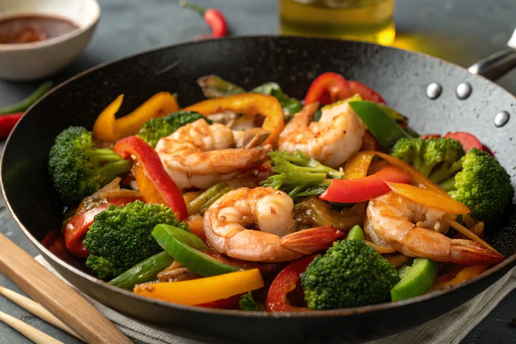  Black tiger shrimp stir-fried with vegetables in a wok