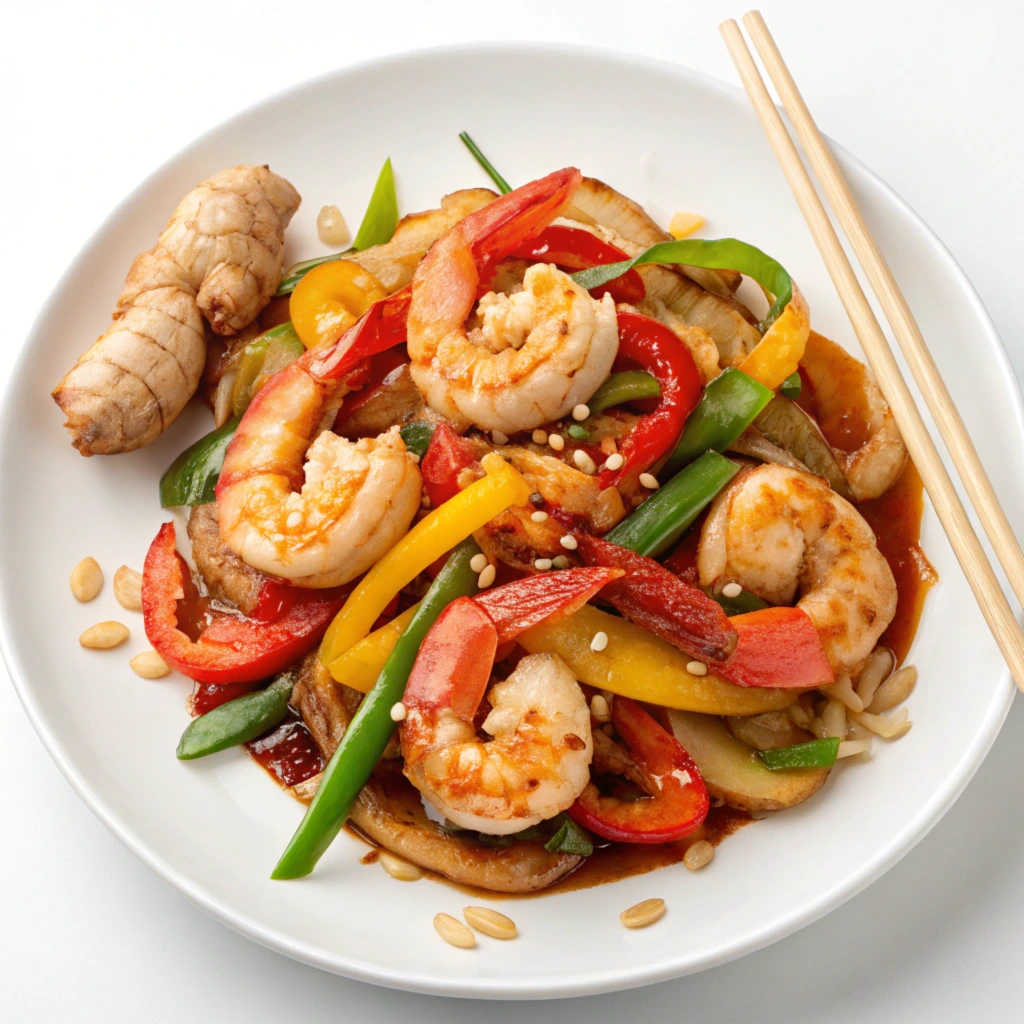  A vibrant Asian-inspired stir-fry with  Shrimp Dishes and vegetables