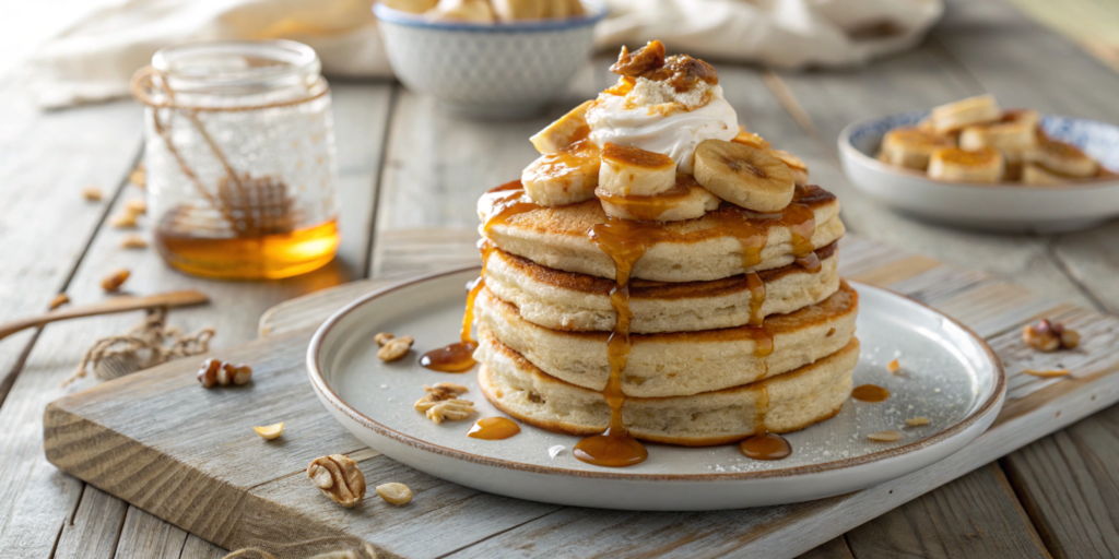 A stack of Bananas Foster pancakes drizzled with caramel sauce