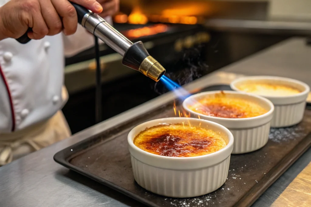 A kitchen torch being used to caramelize the sugar crust on a crab brulee.