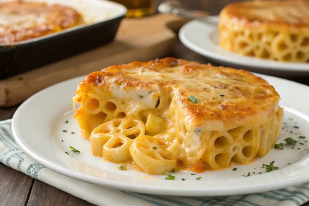 Cheesy wagon wheel mac and cheese on a plate.