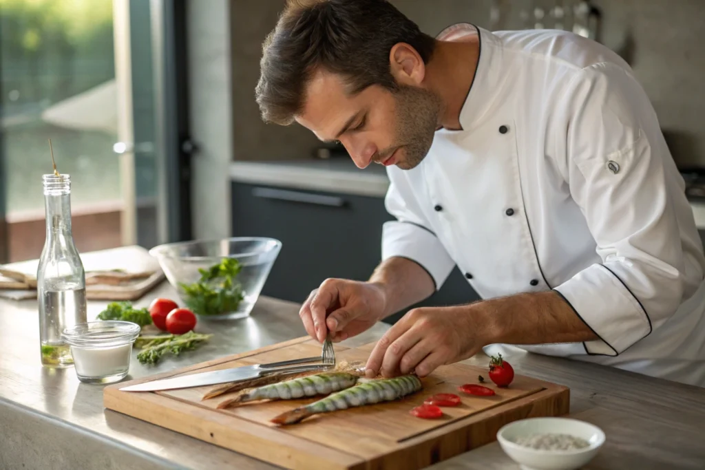 A chef cleaning and deveining shrimp on a cutting board