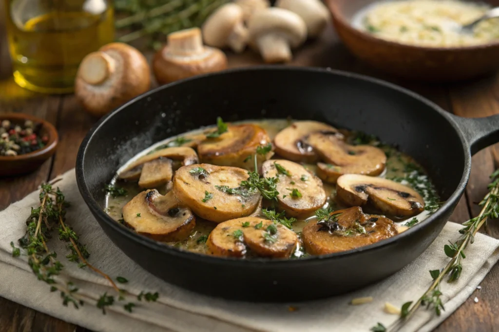 Button mushrooms being sautéed in a pan.