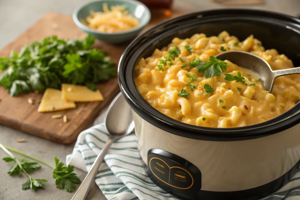 Crockpot mac and cheese garnished with parsley