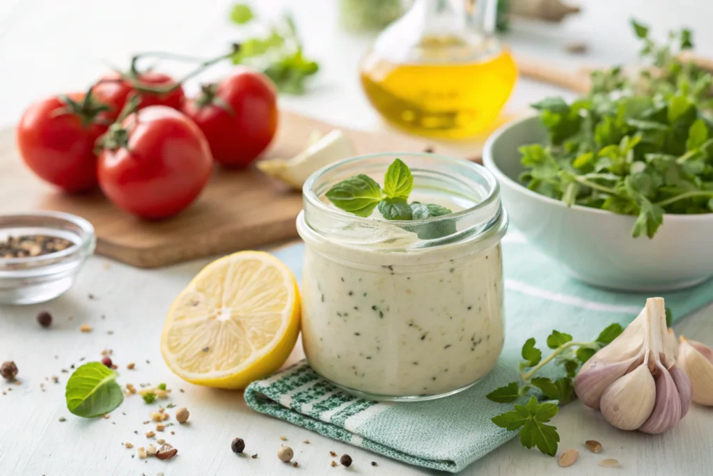 Ina Garten's creamy Greek salad dressing in a glass jar with a spoon.