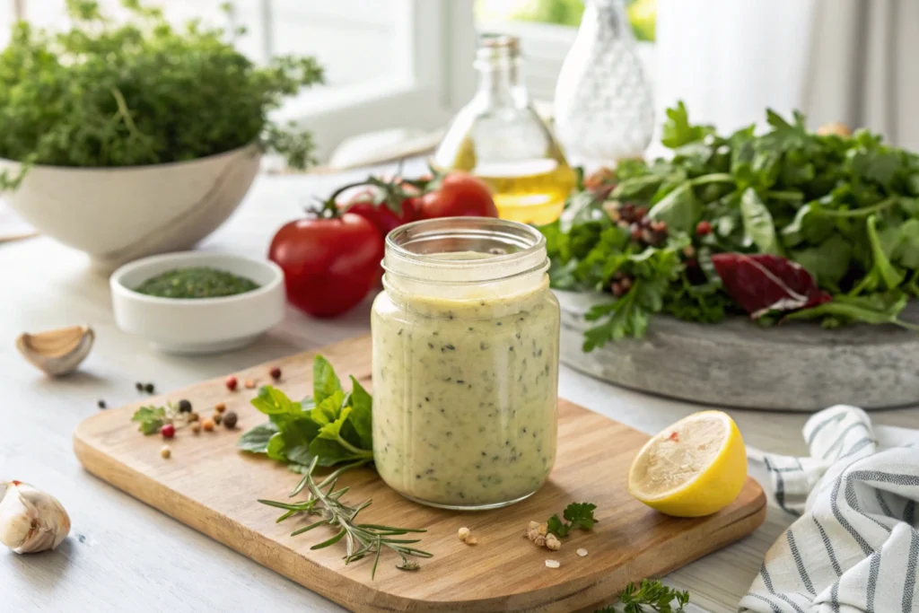 Homemade creamy Greek salad dressing in a glass jar