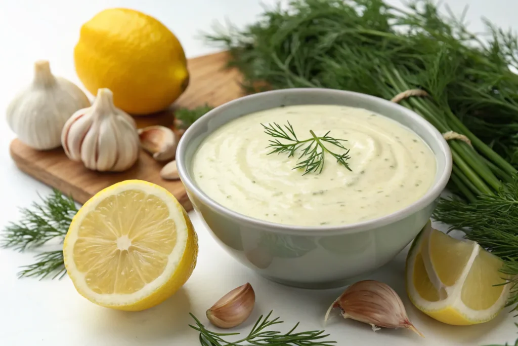 Homemade creamy Greek salad dressing in a small bowl.