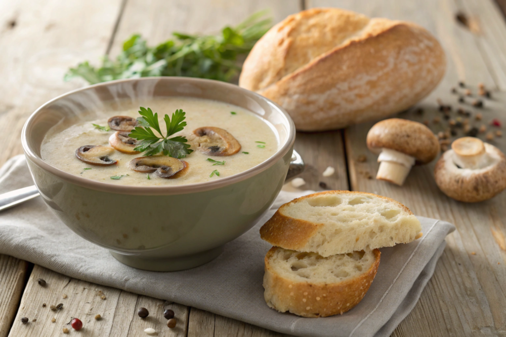 A creamy mushroom soup with garnishes.