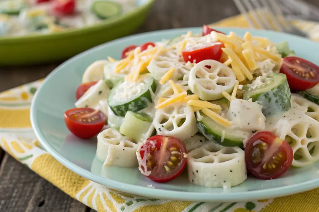  Wagon wheel pasta salad with ranch dressing and vegetables.