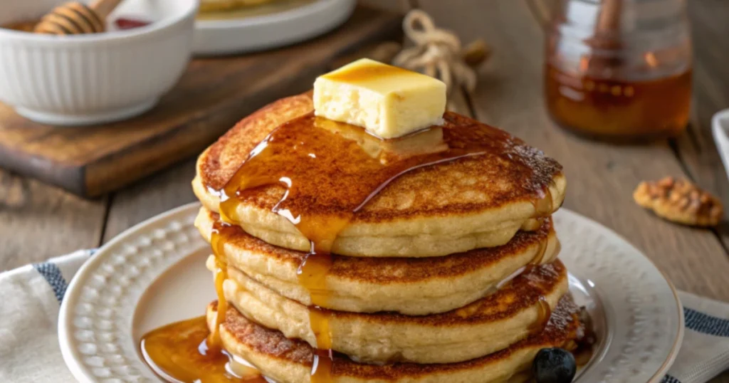 A stack of golden Cracker Barrel pancakes topped with butter and syrup