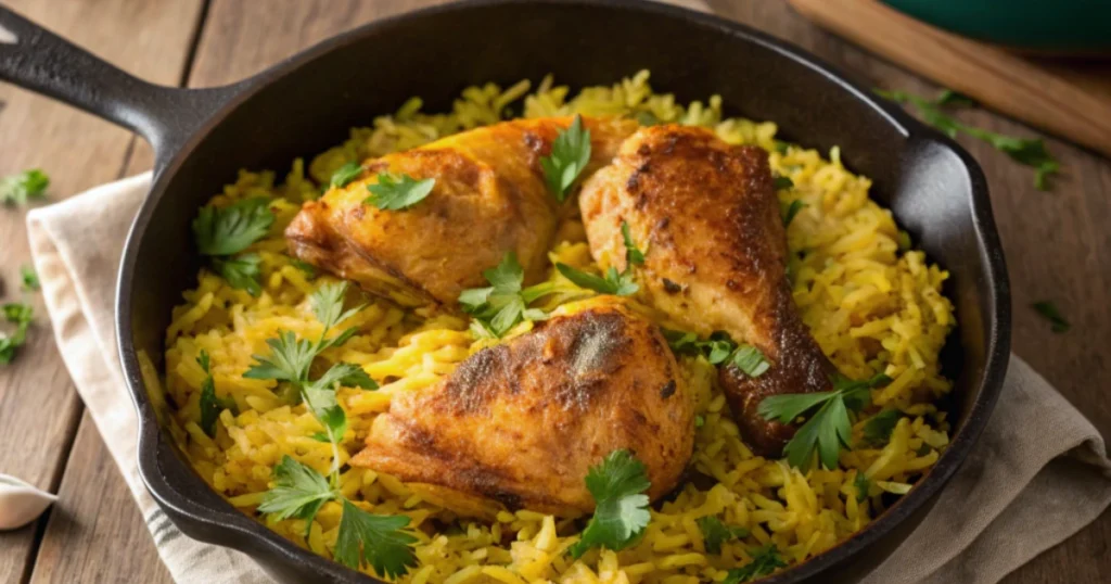 A vibrant dish of chicken and yellow rice garnished with parsley.