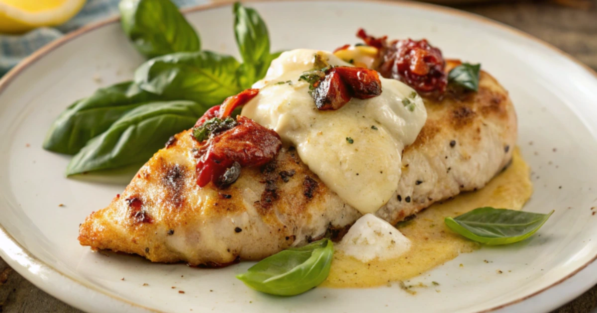 A plate of Chicken Bryan with goat cheese, sun-dried tomatoes, and lemon butter sauce.