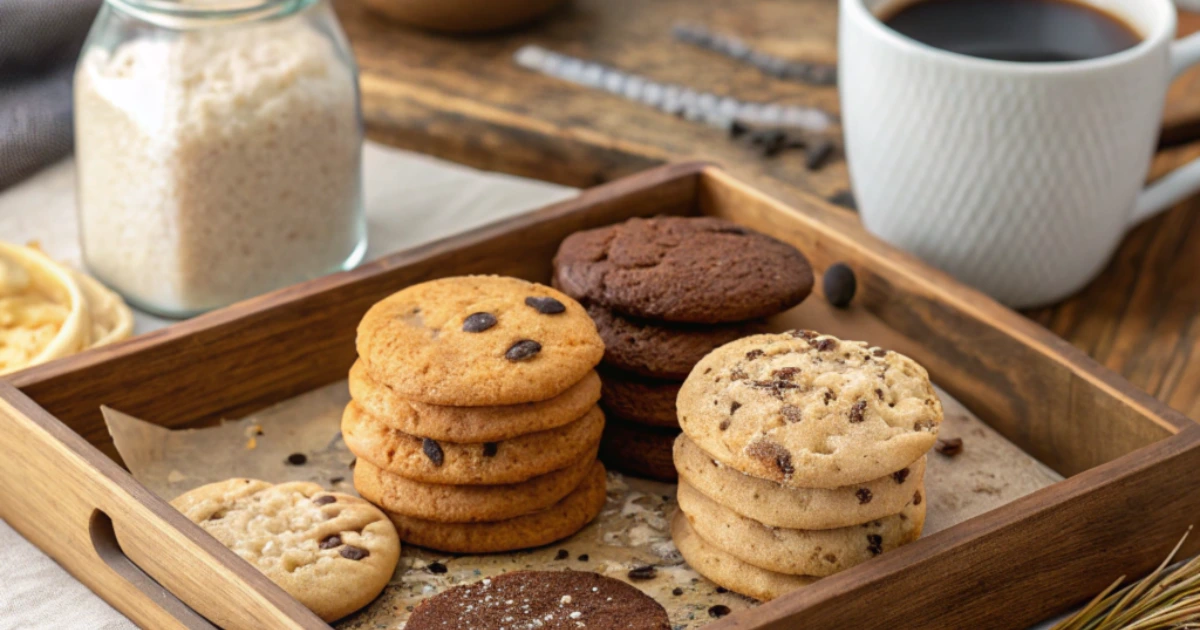 A selection of pancake mix cookies on a wooden tray