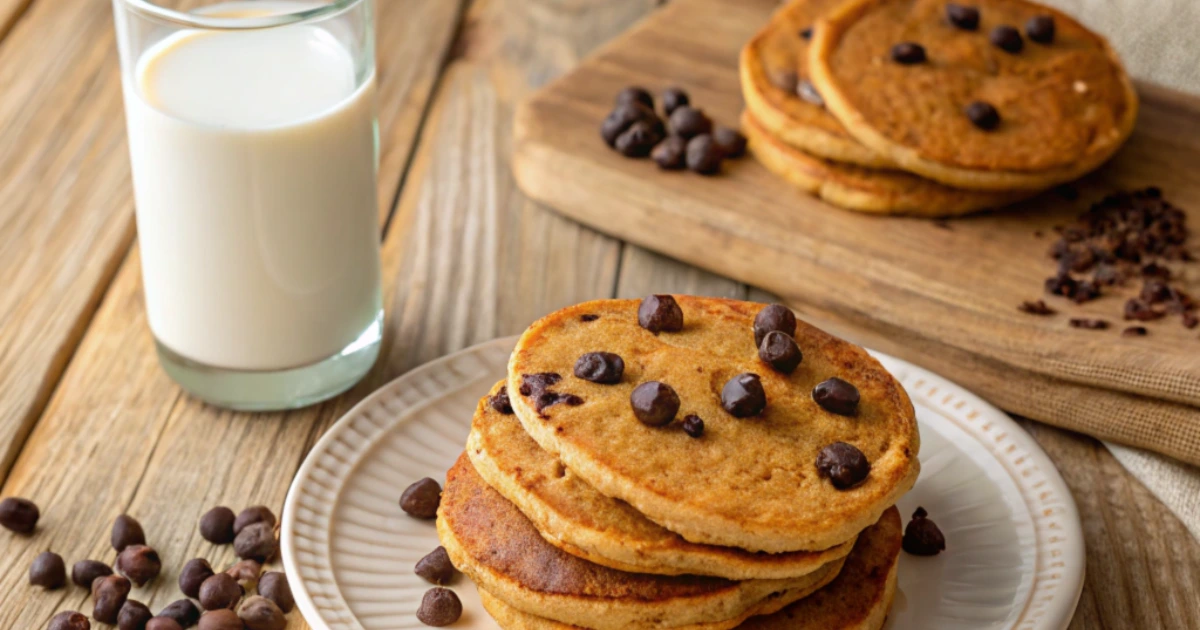 A stack of pancake mix cookies with chocolate chips on a plate.