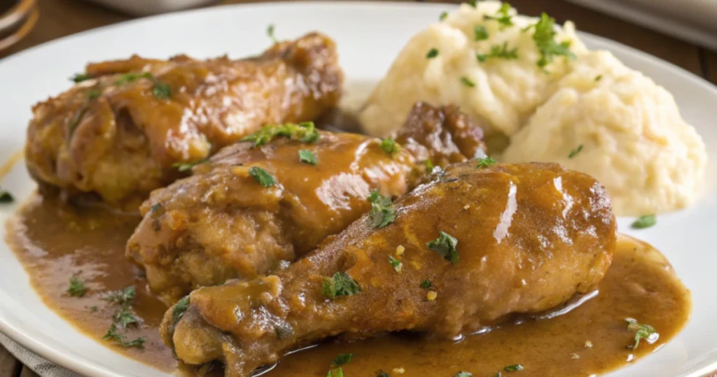 Smothered turkey wings served with rich gravy.