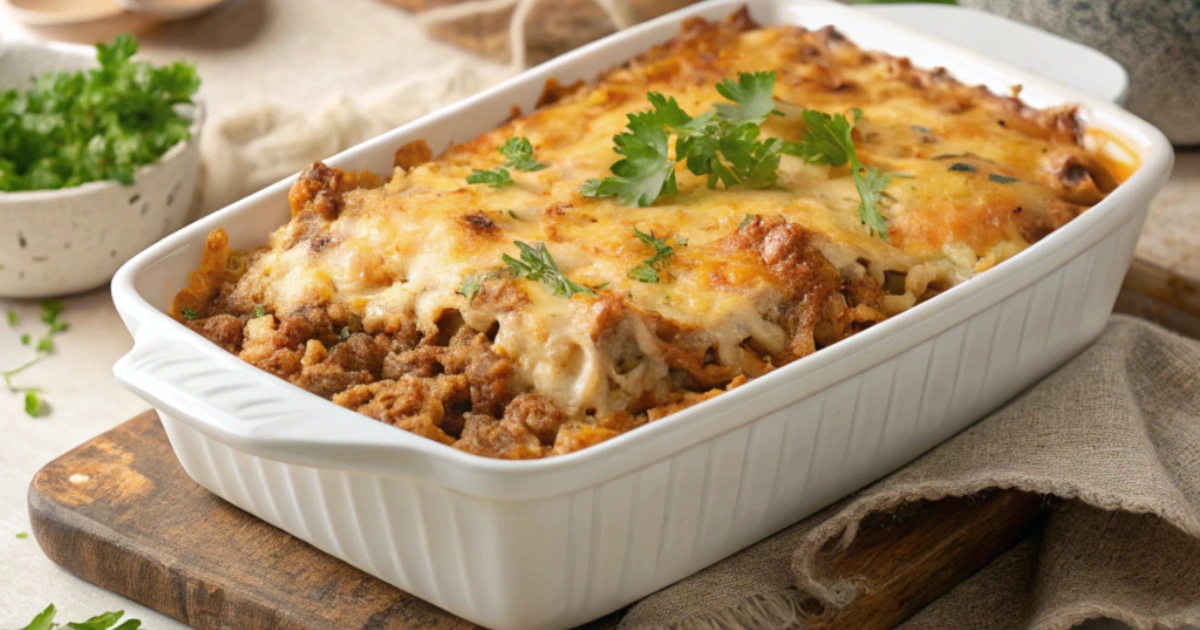 Turkey cabbage casserole with rice baked in a casserole dish.