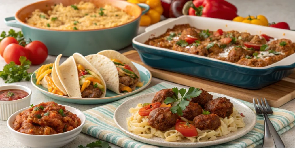 A variety of ground turkey meals served on plates