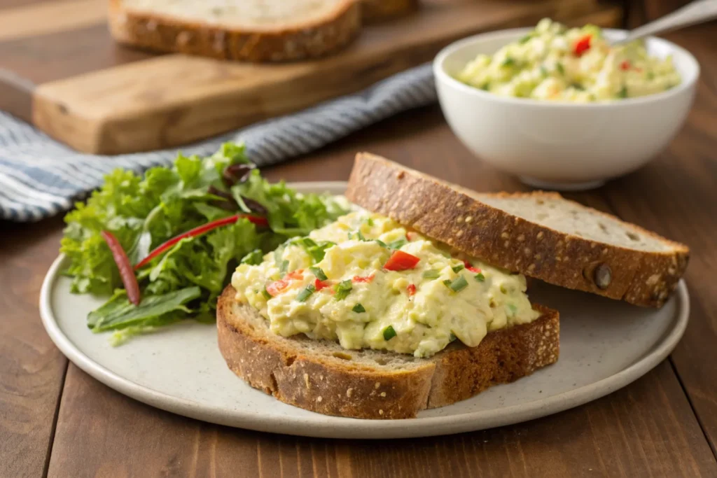  Egg salad served on whole grain bread with a side of greens.