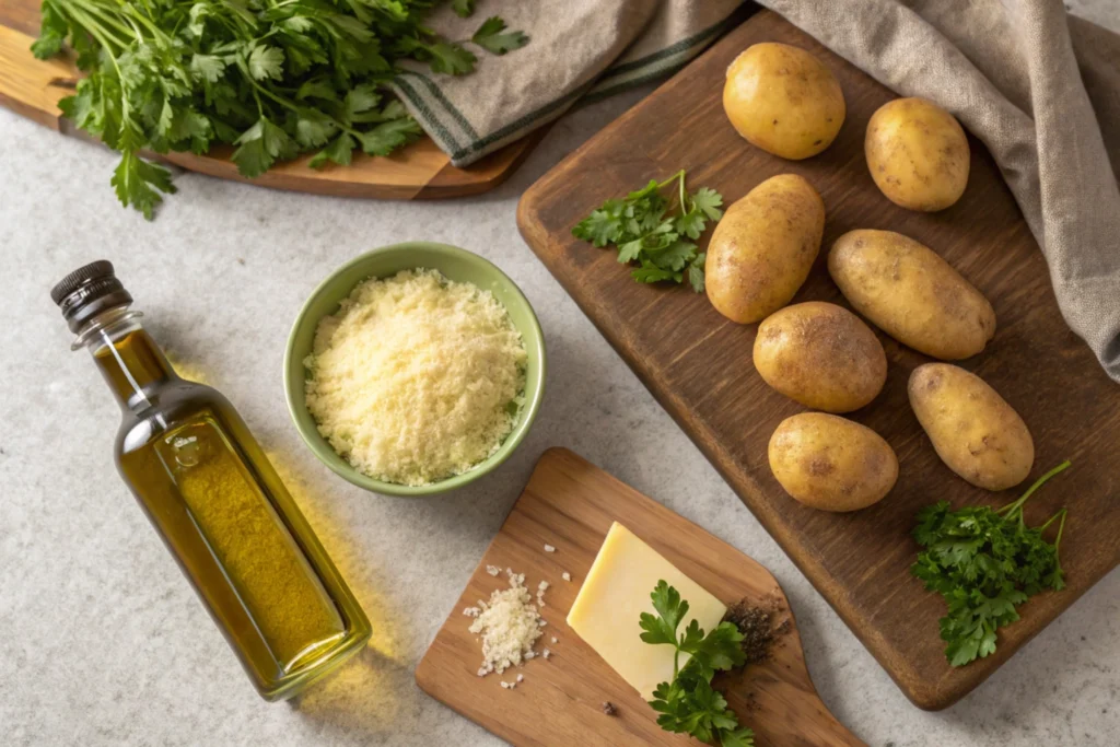  Ingredients for truffle fries including potatoes, parmesan, and truffle oil.