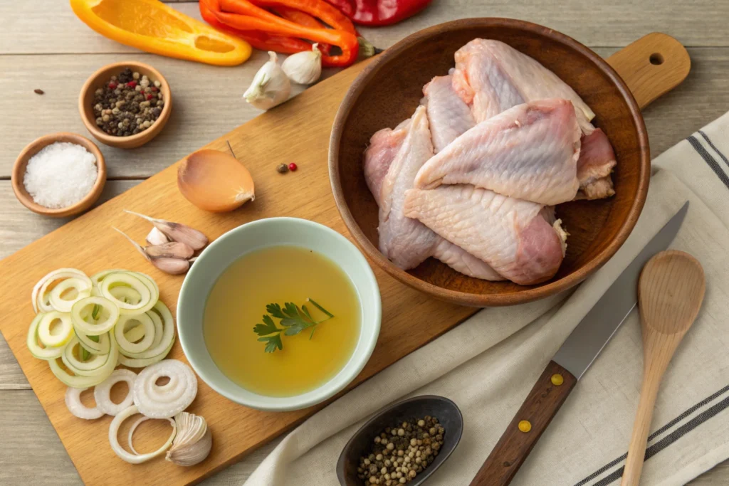 Key ingredients for smothered turkey wings recipe displayed on a countertop