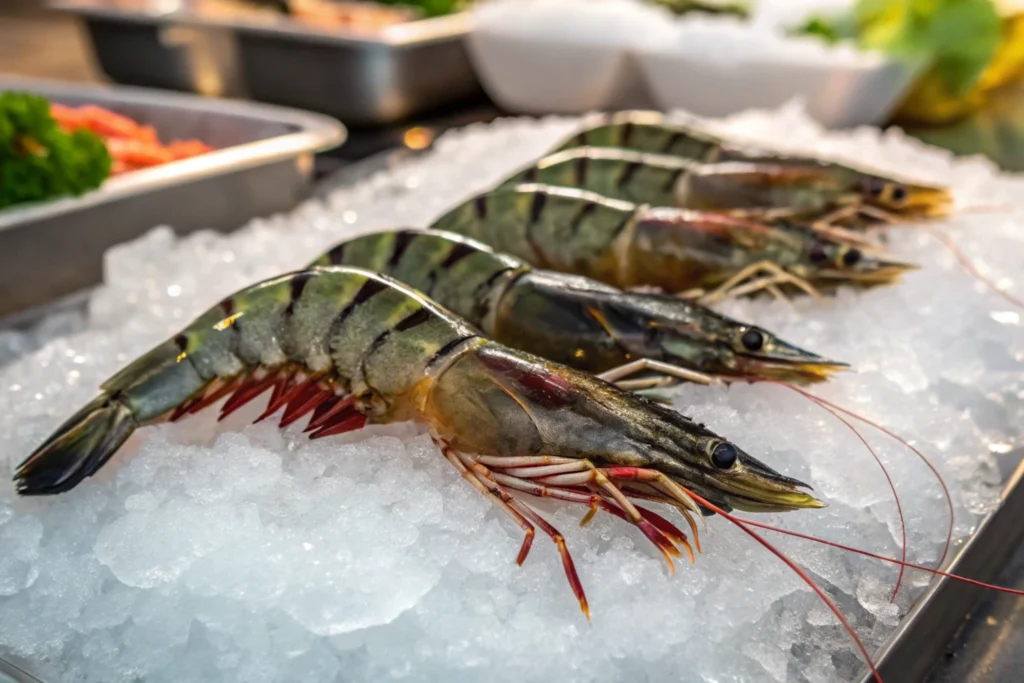 Fresh black tiger shrimp on crushed ice at a seafood market