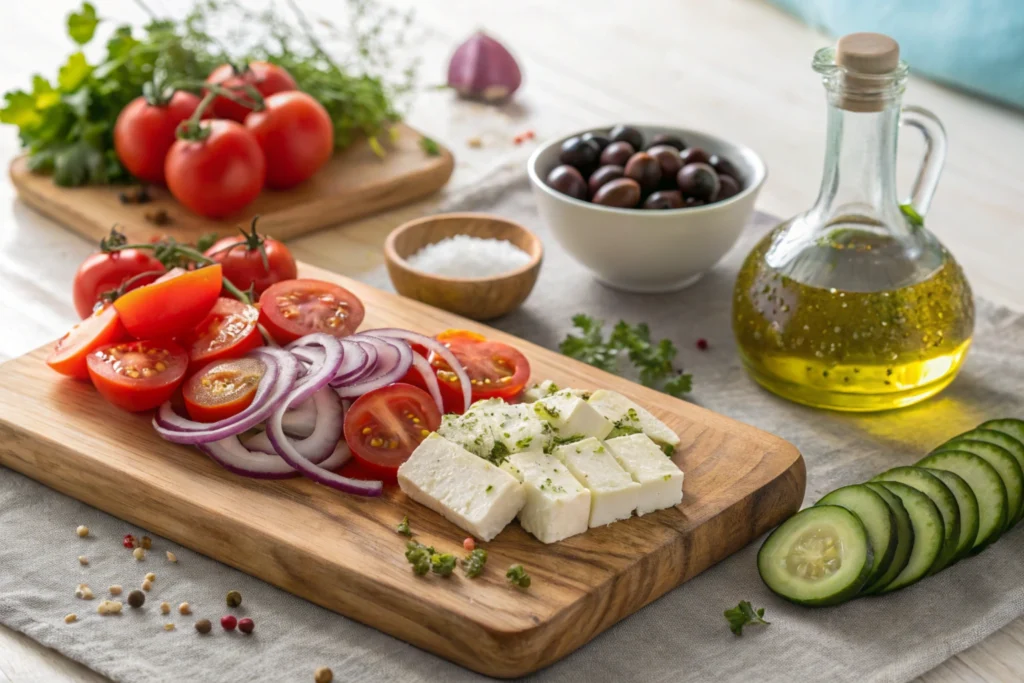 Ingredients for Greek salad arranged on a wooden board.