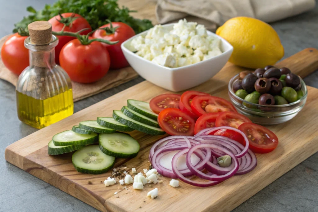 Ingredients for Ina Garten's Greek salad arranged on a wooden board.