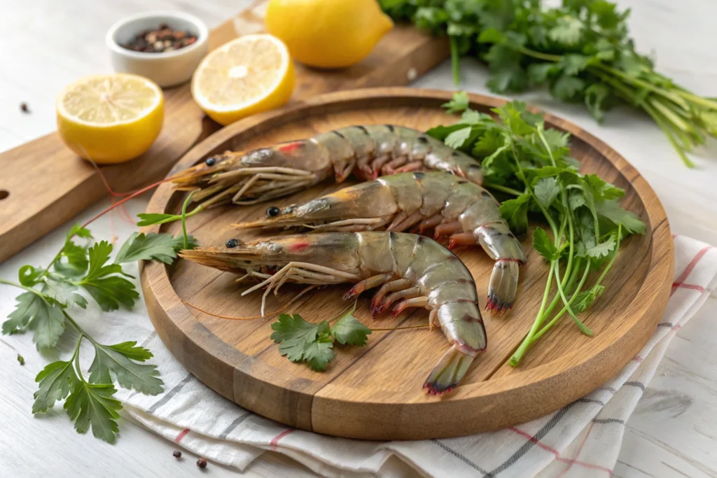 Fresh tiger shrimp on a rustic platter with herbs and lemon slices