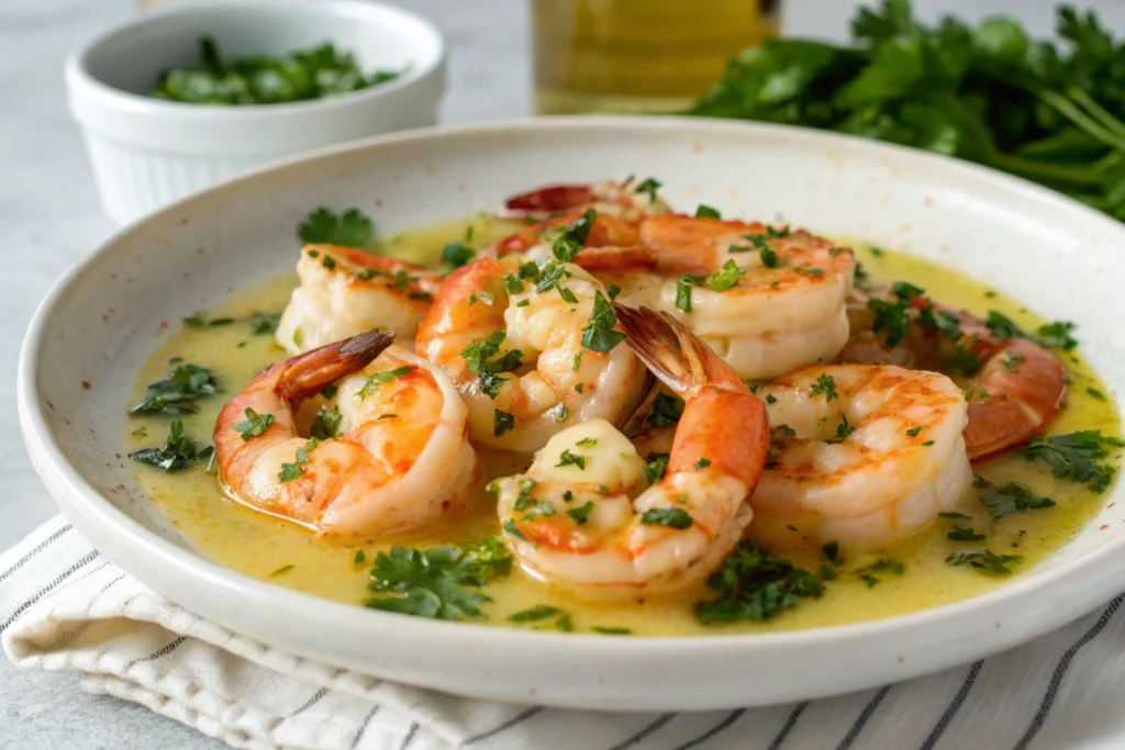 Black tiger shrimp cooked in garlic butter, served on a white plate