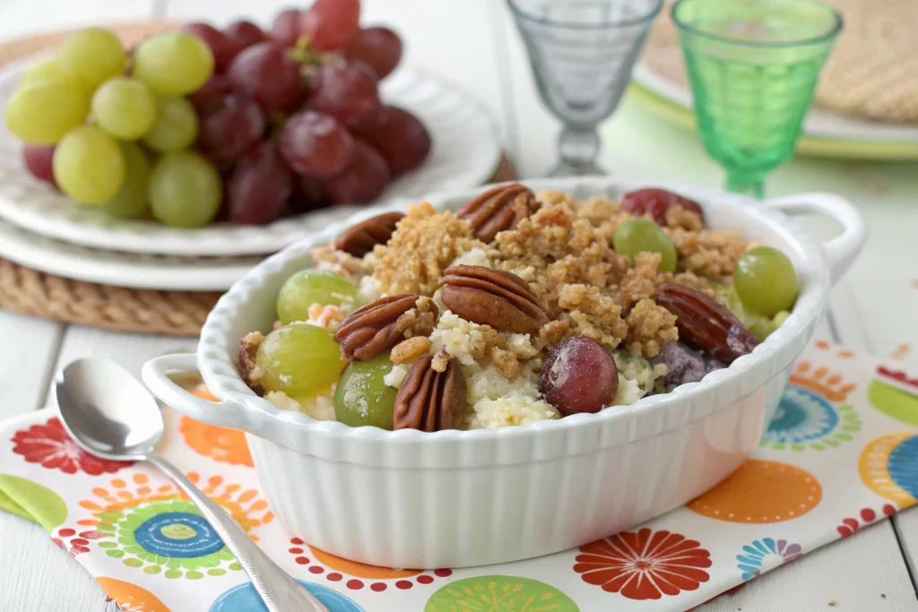 Grape salad topped with pecans and brown sugar in a serving dish