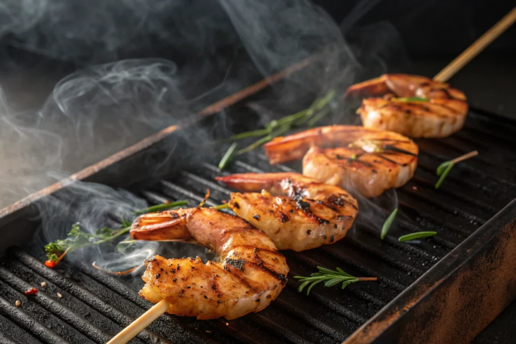 Grilled black tiger shrimp skewers on a barbecue grill