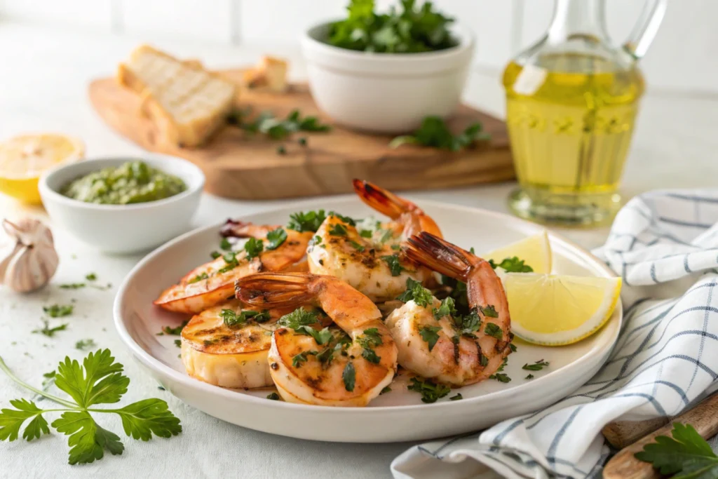 A prepared plate of Grilled Shrimp with garlic and parsley