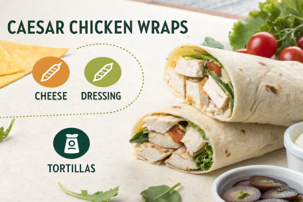 Ingredients contributing to hidden calories in Caesar chicken wraps.