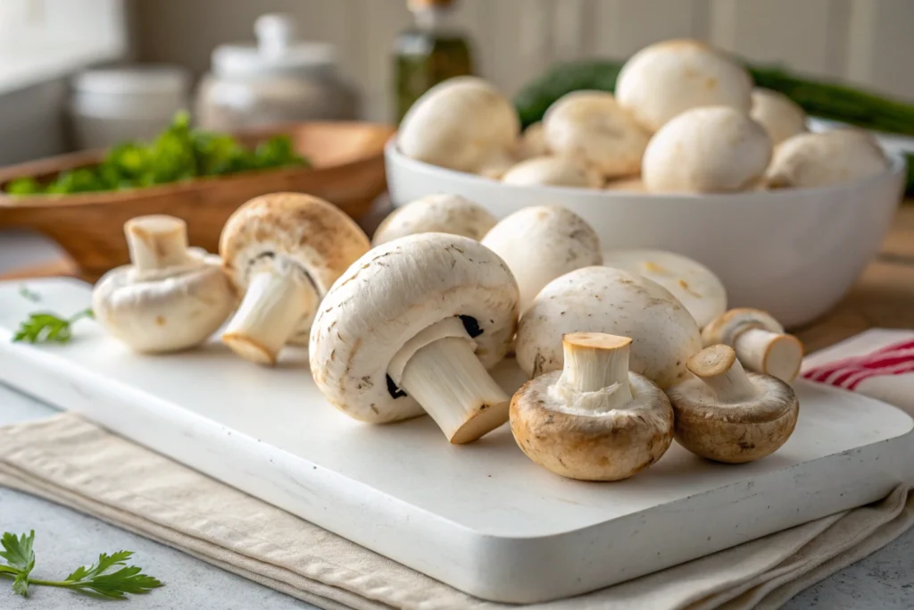  Close-up of fresh button mushrooms with light brown caps.