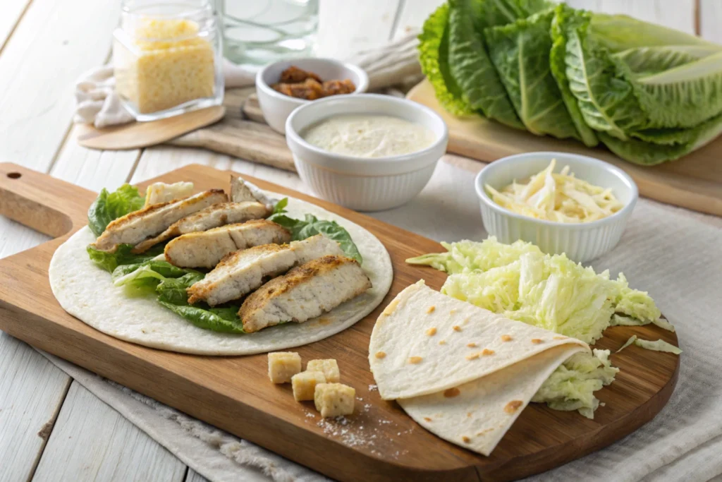 Ingredients for Caesar chicken wrap displayed on a wooden board.