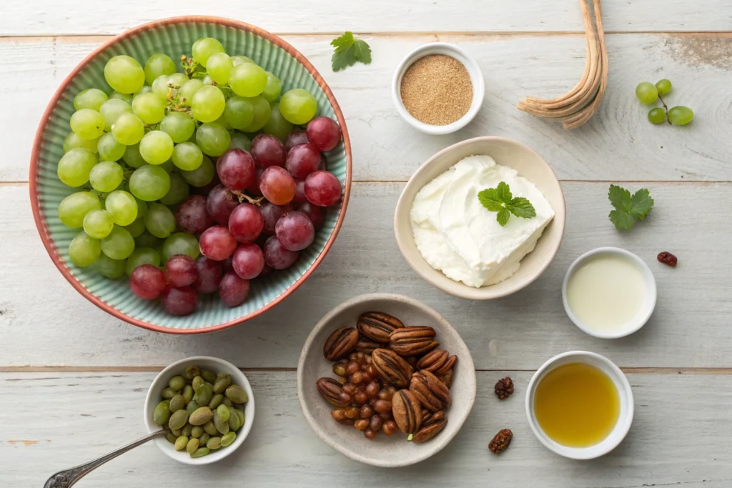 Fresh ingredients for grape salad laid out on a wooden table