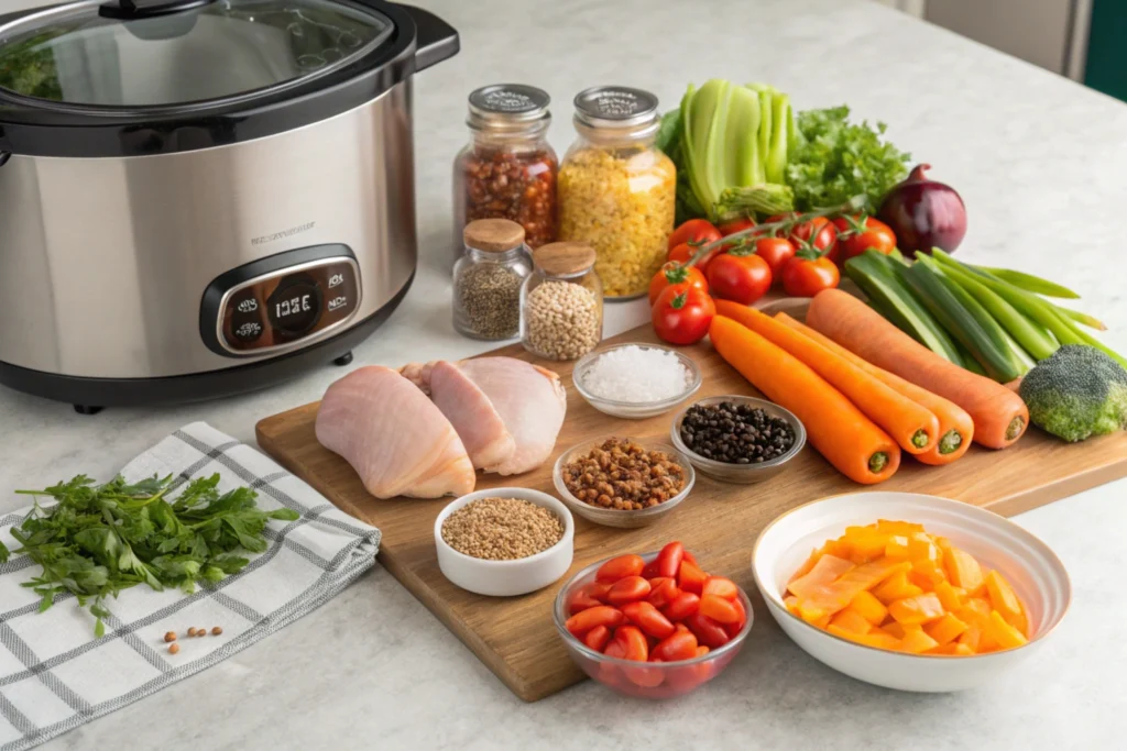 Fresh vegetables, chicken, and spices next to a crockpot