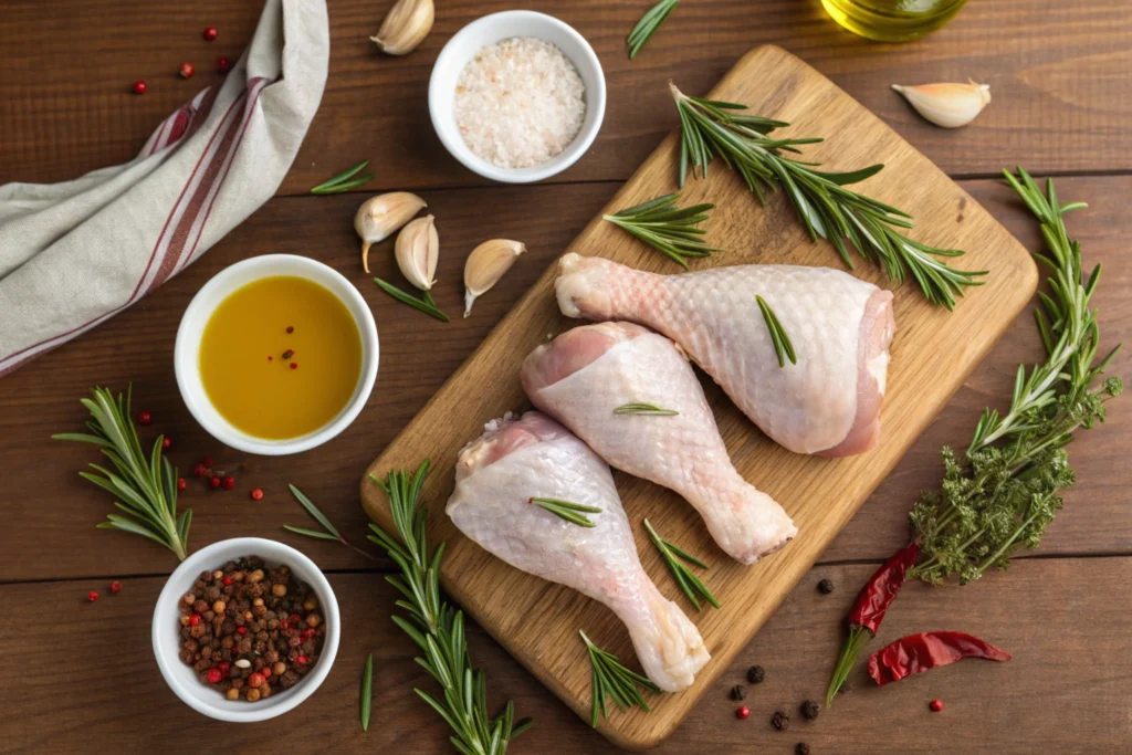 Turkey drumsticks with fresh herbs and spices on a rustic kitchen countertop