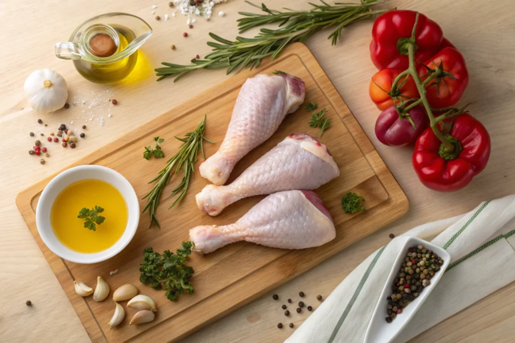 Raw turkey drumsticks with seasoning and fresh vegetables on a kitchen counter