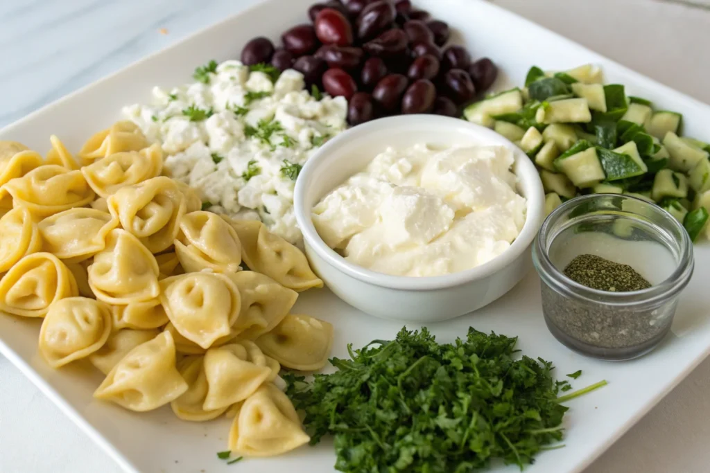 Key ingredients for a Greek tortellini salad displayed on a countertop.