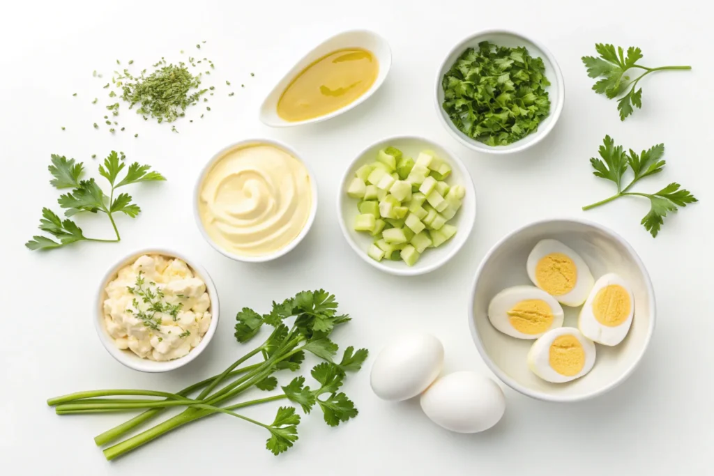  Key ingredients for egg salad with Greek yogurt.