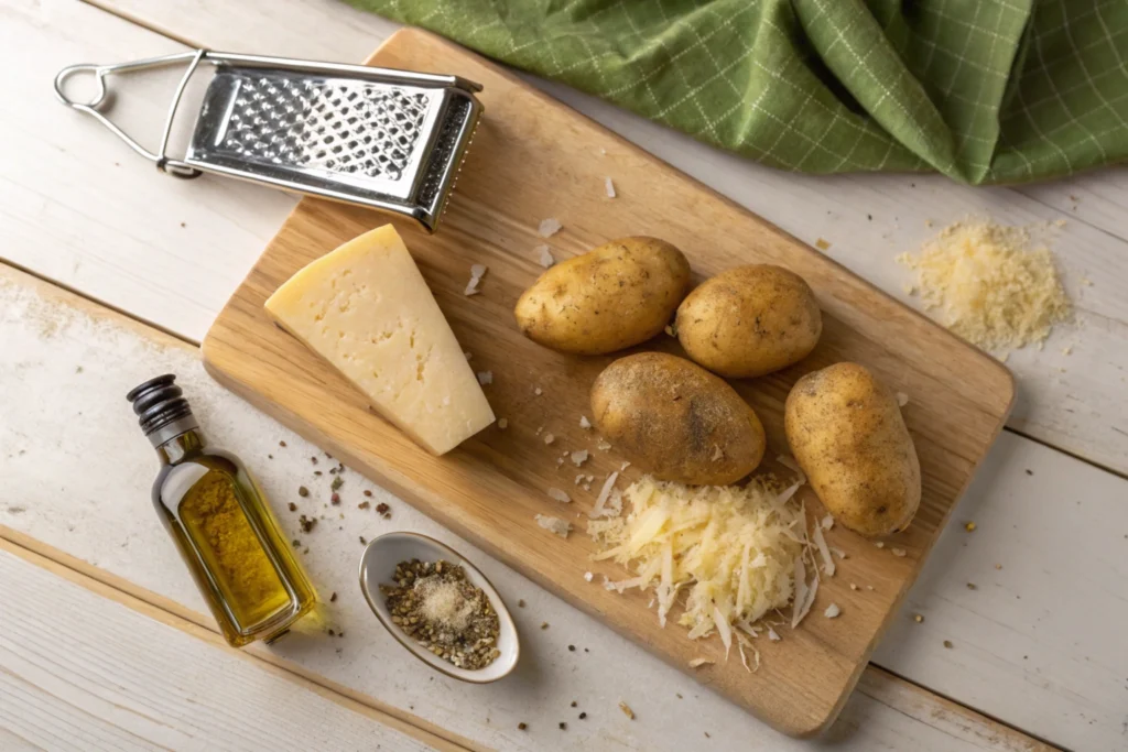 Ingredients for parmesan truffle fries including potatoes, truffle oil, and parmesan