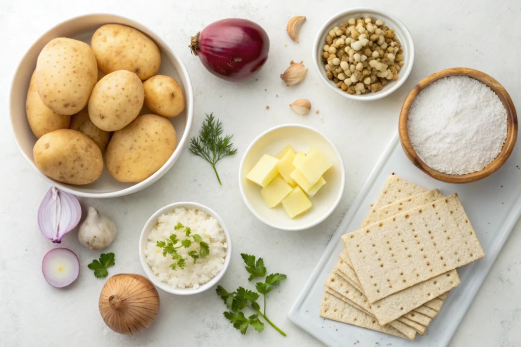  Kosher ingredients for Passover potato pie on a kitchen counter.