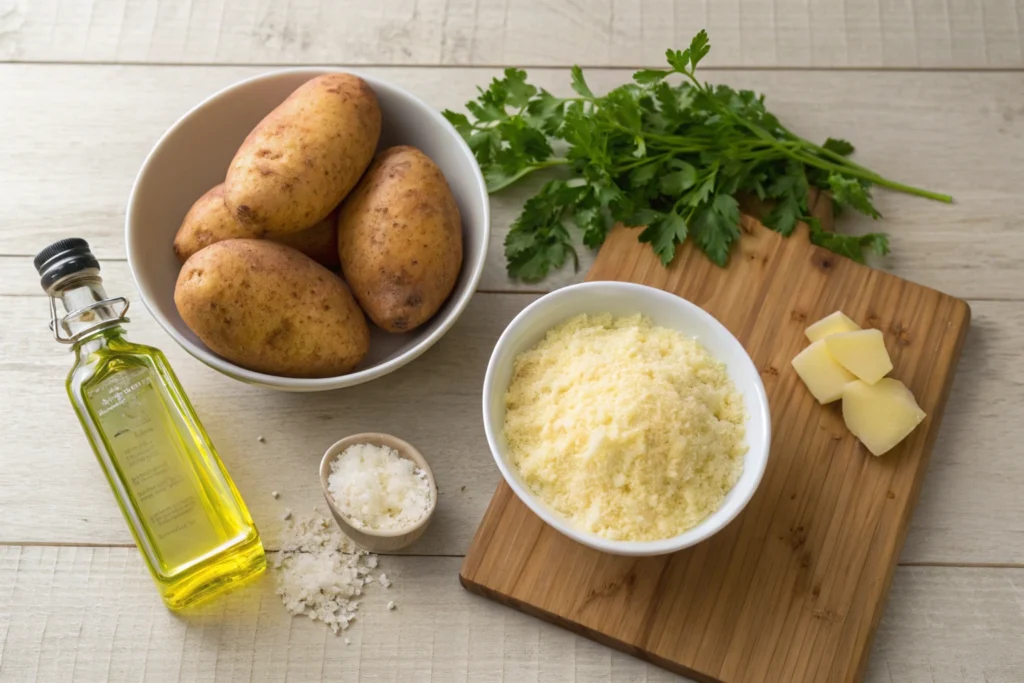 Key ingredients for truffle fries, including potatoes, parmesan, and truffle oil.