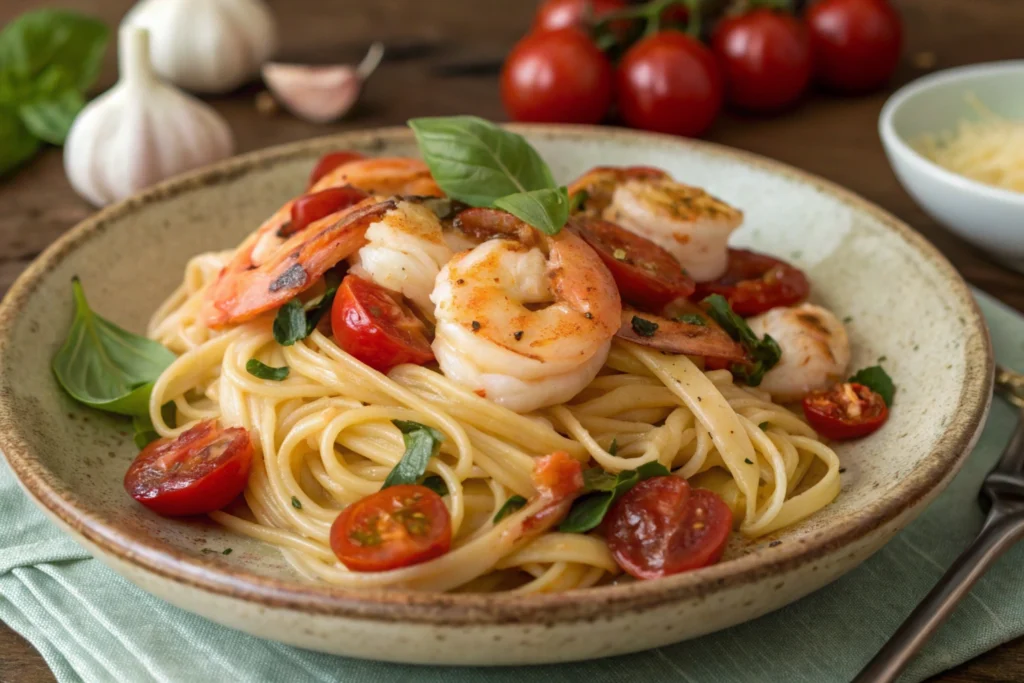 Tiger shrimp sautéed with cherry tomatoes and basil