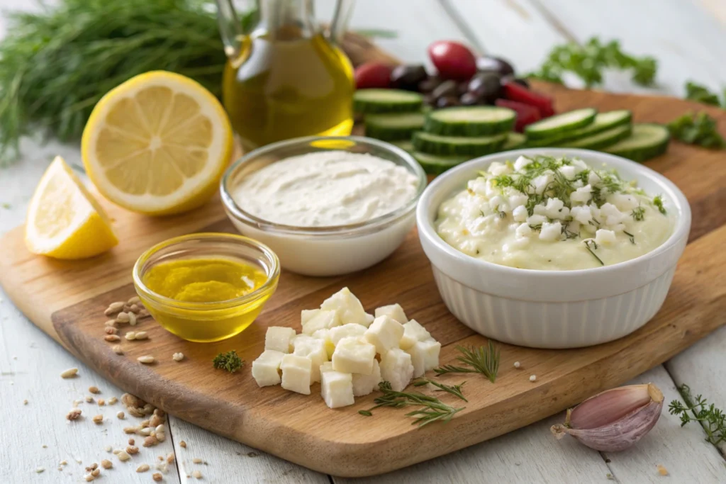 Ingredients for creamy Greek salad dressing on a wooden board