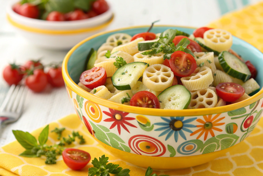  Wagon wheels pasta salad with colorful vegetables.