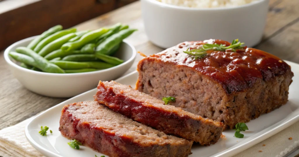 A perfectly cooked kidney-friendly ground beef meatloaf served on a plate with a side of green beans