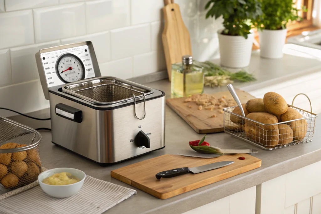  Tools for making truffle fries, including a fryer, thermometer, and knife.