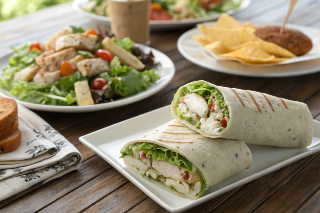 Caesar chicken wrap next to a salad and sandwich on a table.